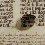 <a href='http://www.ra.ee/pargamendid/index.php/et/parchment/view?id=14994&_xr=eNoti0kOQFAQRO%252FSB%252Fg0gpSVvaULdL42JOZhJe7Ox%252Bq9ekkJGGcHPxNEn2zgGDTLattBx93b1Ck9PQGtWtupUrc4BJVFboLQN2zsEL0RtPxkxxTUy9gc0ryfAKQ7Zdd1A03rIuc%253D' target='_blank'>Ürik TLA.230.1.cm4</a>, 13. saj. </br>
Auk.
Augud võivad tekkida pärgamendi valmistamise kõigis etappides. Lahti rebenenud, algselt kinni nõelutud auk, pärgamendis.