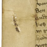 <a href='http://www.ra.ee/pargamendid/index.php/et/parchment/view?id=15140&_xr=eNpLtDK0qs60MrBOtDKBMIqtDM2slAoSi5IzclPzSvSLU0FMJaC4uZVSUWpacn5KKohnaGqlFOLjqGdkbKBnqJupZ2pmARa2UiqE0oYg2sJKKScxL700MR2sy8hKKbVEybq2FgCEICMe' target='_blank'>Ürik TLA.230.1-i.568</a>, 1423. a. </br>
Kraapimise jäljed.
Naha õhendamisel kasutatud kraabits on tekitanud pärgamendis lõhe, mis on töötlemisel koheselt kinni nõelutud. Kahjustus on dokumenteeritud läbivas valguses.