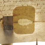 <a href='http://www.ra.ee/pargamendid/index.php/et/parchment/view?id=14245&_xr=eNpLtDK0qs60MrBOtDKBMIqtDM2slAoSi5IzclPzSvSLU0FMJaC4uZVSUWpacn5KqhJUVYiPo56RsYGeoa6np56RoRlY3EqpEEobgmgLK6WcxLz00sR0sDYjK6XUEiXr2loAoB4jPg%253D%253D' target='_blank'>Ürik TLA.230.1-ii.216</a>, 1566. a. </ br>
Eelneva parandamise või konserveerimise tulemusena kahjustatud pärgament lähivaates läbivas valguses. Pärgament on parandamise kohas kaotanud painduvuse ja želatiinistunud.