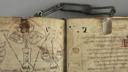 <a href='http://www.ra.ee/pargamendid/index.php/et/parchment/view?id=14994&_xr=eNoti0kOQFAQRO%252FSB%252Fg0gpSVvaULdL42JOZhJe7Ox%252Bq9ekkJGGcHPxNEn2zgGDTLattBx93b1Ck9PQGtWtupUrc4BJVFboLQN2zsEL0RtPxkxxTUy9gc0ryfAKQ7Zdd1A03rIuc%253D' target='_blank'>Ürik TLA.230.1.cm4</a>, 13. saj. </br>
Rooste, rebaseplekk e. foksing
Enamikel juhtudel on rooste pruunikad, kollakad plekid, mis on tekkinud metalli kokkupuutest pärgamendiga
Keskaegse ahelköite metallist panused on pikaaegsel kokkupuutel pärgamendiga seda tõsiselt kahjustanud. Rooste kahjustus ulatub koodeksi sisuplokis metallpanusega kokkupuutekohast läbi mitme pärgamendist lehe.