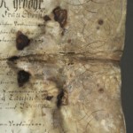 <a href='http://www.ra.ee/pargamendid/index.php/et/parchment/view?id=15925&_xr=eNoti0sOQEAQBe%252FSBxhaxifPygEcokP7JP7GStydwarqVfIEjLNHmAvsJzs4AS2yVd2okwt29UpPT0GbNtVcq1%252FMoKI0HFoTG7ZvAq0%252F2TMDDTK1h7TvIwKpo%252Fy6bvZYIfc%253D' target='_blank'>Ürik AM.104.5.14</a>, 18. saj.</br>
Kirme. Sade.
Tugevalt degradeerunud ala pärgamendis, millega kaasnevad deformatsioon, materjali kokkutõmbumine ja valkja hallika sademena kaltsiidi väljasadenemine degradeerunud pärgamendi pinnal.