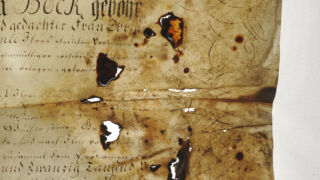 <a href='http://www.ra.ee/pargamendid/index.php/et/parchment/view?id=15925&_xr=eNoti0sOQEAQBe%252FSBxhaxifPygEcokP7JP7GStydwarqVfIEjLNHmAvsJzs4AS2yVd2okwt29UpPT0GbNtVcq1%252FMoKI0HFoTG7ZvAq0%252F2TMDDTK1h7TvIwKpo%252Fy6bvZYIfc%253D' target='_blank' rel="noopener noreferrer">Ürik AM.104.5.14</a>, 18. saj.</br>
Tindikorrosioon.
Tindikorrosioon tindiplekkidega pärgamendil.