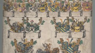 Ill. 1. Pärgamendile vormistatud Tiesenhausenite põlvnemistabel, AM.135.4.166. </ br>
Pedigree table of the Tiesenhausens on parchment.