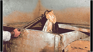 Ill. 2. Pärgamendi leotamine kustutatud lubja vannis tänapäeval. </ br>
Ill. 2. Soaking the parchment in a bath of slaked lime today.