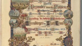 Ill. 5. Tallinna aukodaniku diplom vabahärra Alexander von der Pahlenile, 1870, TLA.230.12.4/a.</ br>
Diploma of honorary citizen of Tallinn to free lord Alexander von der Pahlen, 1870