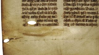 <a href='http://www.ra.ee/pargamendid/index.php/et/parchment/view?id=14994&_xr=eNoti0kOQFAQRO%252FSB%252Fg0gpSVvaULdL42JOZhJe7Ox%252Bq9ekkJGGcHPxNEn2zgGDTLattBx93b1Ck9PQGtWtupUrc4BJVFboLQN2zsEL0RtPxkxxTUy9gc0ryfAKQ7Zdd1A03rIuc%253D' target='_blank' rel="noopener">Ürik TLA230.1.cm4. </a>, 13.saj. </br>
Armkude.
Armistunud haavand, mille pinna tekstuur (värvus, reljeef) erineb oluliselt pärgamendi pinnast. Armkoe ala on hästi eristatav läbivas valguses.
Keskaegsetesse koodeksitesse köidetud pärgamentlehtedel esineb sageli armkudet ja venitusauke.</ br>
A scarred ulcer whose surface texture (color, relief) is significantly different from the parchment surface. The area of scar tissue is well distinguished in transmitted light.
Parchment sheets bound in medieval codices often show scar tissue and stretch holes.