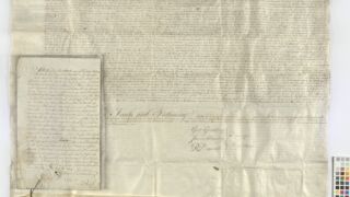 Ürik AM.115.1.227</br>
Köitmata pärgament torkeaukudega.
Sirutatud suuremõõduline pärgamentdokument torkeauguga, mis on kokkuseotud paberile vormistatud lisadokumendiga. Köitmata pärgamendile on iseloomulikud dokumendi kokkuvoltimise murdejooned, paberist lisadokumendi ja pitseri kinnitused pärgamendi kaksikmurdele. </ br>
Unbound parchment with punch holes.
A stretched, large-sized parchment document with a punch hole, bound together with an additional document formatted on paper. The unbound parchment is characterized by the fold lines of the folding of the document, the attachments of the paper additional document and the seal to the double fold of the parchment.