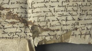 <a href='http://www.ra.ee/pargamendid/index.php/et/parchment/view?id=14196&_xr=eNpLtDK0qs60MrBOtDKBMIqtDM2slAoSi5IzclPzSvSLU0FMJaC4uZVSUWpacn5KKohnaGqlFOLjqGdkbKBnqJupZ2FiDha2UiqE0oYg2sJKKScxL700MR2sy8hKKbVEybq2FgCEJCMe' target='_blank' rel="noopener">Ürik TLA.230.1-i.847</a>, 1495. a. </ br>
Eelneva parandamise või konserveerimise tulemusena kahjustatud pärgament.
Paranduskohtades on kasutatud liimainet mis on üriku seisundit halvendanud. Nendes kohtades on pärgament degradeerunud.</ br>
Parchment damaged as a result of previous repair or conservation.
An adhesive has been used in the repair places, which has worsened the condition of the document. In these places the parchment has degraded.