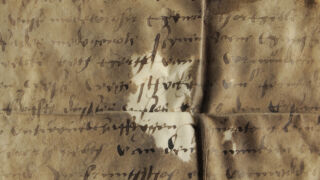 Klaasjas ala. Üle pinna klaasja alaga, degradeerunud pärgament. Heledam osa pärgamentdokumendi pealmisel poolel on ala, mis ei ole veel lõpuni degradeerunud.</ br>
Degraded parchment with glazed area over surface. The lighter part on the top side of the parchment document is the area that has not yet fully degraded.