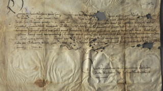 Paindes, püstine jäik volt.
Volt, mille on põhjustanud materjali kokkutõmbumise tulemusena tekkinud deformatsioon
Jäigad ja silmatorkavalt püstised voldid esinevad pärgamendi kokkumurrete piirkondades.</ br>
A fold caused by deformation as a result of material contraction
Stiff and conspicuously upright folds occur in areas of parchment folds.