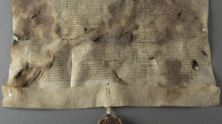 <a href='http://www.ra.ee/pargamendid/index.php/et/parchment/view?id=15136&_xr=eNoti0kOQFAQRO%252FSB%252Fi04FNWFg7SoQ2JeViJu%252FOxeq9eUgLG2cHPBOEnGzgGzbKW7aDj7m3qlJ5uQavW5VSpW8ygIs9NGlnDxr4JtPxkxwTUy9gc0ryPAKQ7Zdd1A%252FrvIg4%253D' target='_blank' rel="noopener noreferrer">Ürik EAA.957.1</a>,1553. a. </ br>
Kokkutõmbumine.
Õhukese pärgamendi mahuline kahanemine pärgamendi degradeerumise tulemusena.
Pärgamendi mahulise kahanemise ja kokkutõmbumise tulemusena on tekkinud materjali sisekaod.