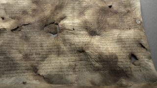 <a href='http://www.ra.ee/pargamendid/index.php/et/parchment/view?id=15136&_xr=eNoti0kOQFAQRO%252FSB%252Fi04FNWFg7SoQ2JeViJu%252FOxeq9eUgLG2cHPBOEnGzgGzbKW7aDj7m3qlJ5uQavW5VSpW8ygIs9NGlnDxr4JtPxkxwTUy9gc0ryPAKQ7Zdd1A%252FrvIg4%253D' target='_blank' rel="noopener noreferrer">Ürik EAA.957.1</a>, 1553. a. </ br>
Bioloogilised kahjustused. Hallitanud. Näritud pind.
Degradeerunud ja bioloogiliselt tugevalt kahjustunud pärgament kaldvalguses.
