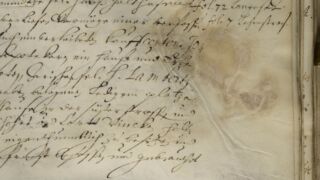 Armkude. Armistunud haavand pärgamendi pinnal. Dokumenteeritud kaldvalguses.</ br>
A scarred ulcer on the surface of the parchment. Documented in oblique light.